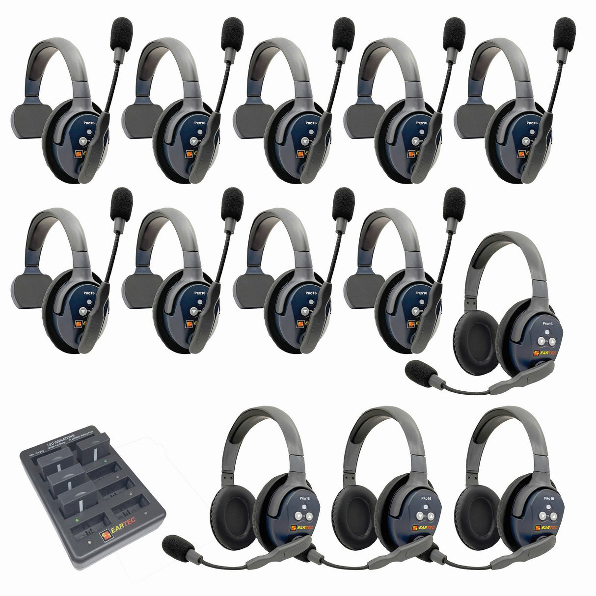 Eartec PRO16 Full Duplex True Wireless Headset Intercom Systems for 12 - 13 Users - 13-Users: 1x Single Main, 8x Single