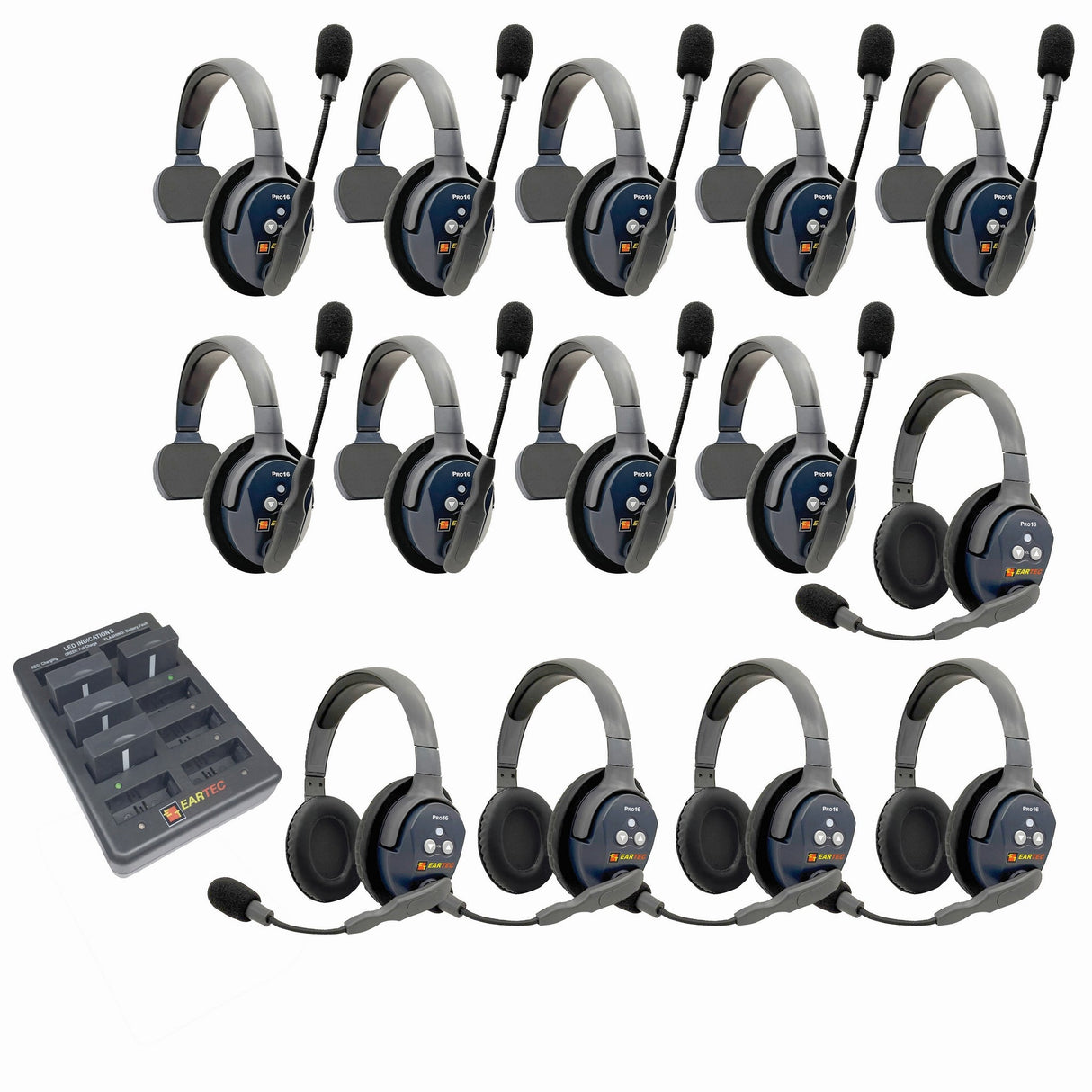 Eartec PRO16 Full Duplex True Wireless Headset Intercom Systems for 14-Users - 1x Single Main, 8x Single Remote, 5x