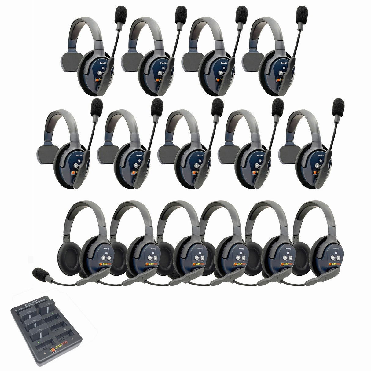 Eartec PRO16 Full Duplex True Wireless Headset Intercom Systems for 15-Users - 1x Single Main, 8x Single Remote, 6x