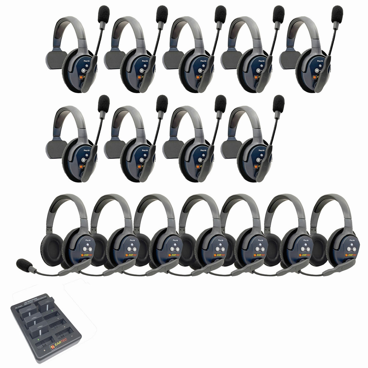 Eartec PRO16 Full Duplex True Wireless Headset Intercom Systems for 16-Users - 1x Single Main, 8x Single Remote, 7x
