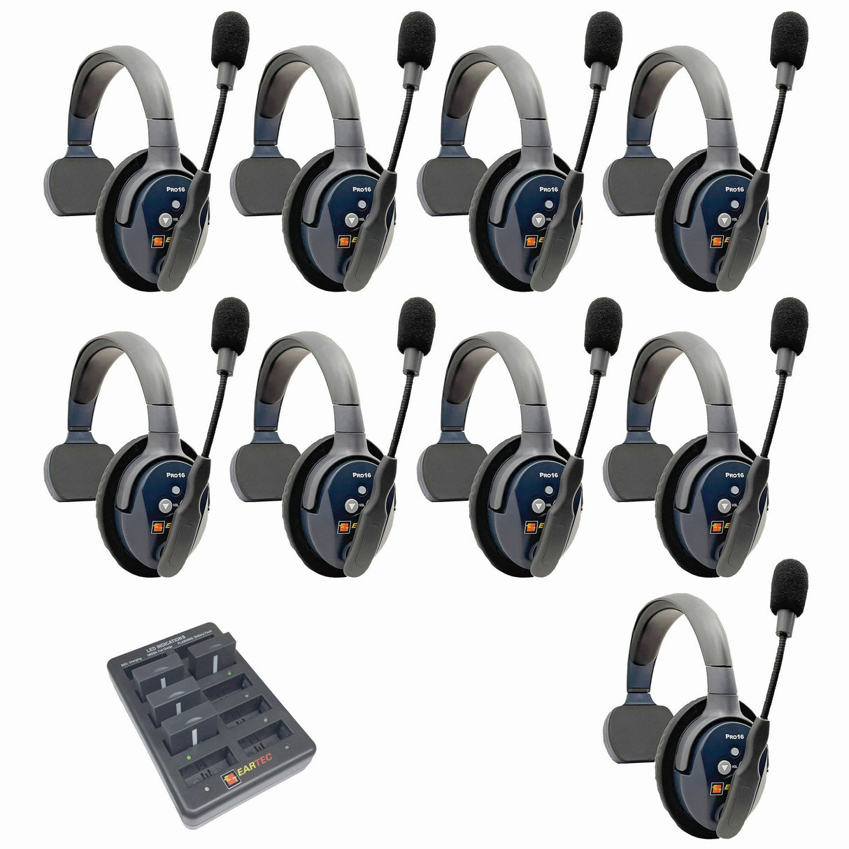 Eartec PRO16 Full Duplex True Wireless Headset Intercom Systems for 7 - 9 Users - 9-Users: 1x Single Main, 8x Single