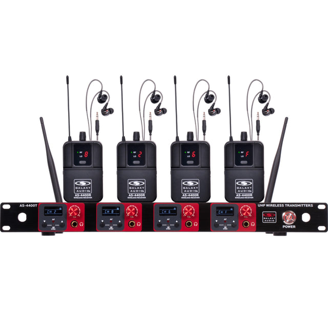 Galaxy Audio AS-4400 with 4 Wireless In-Ear Monitors and 4 UHF 16-Channel Transmitters in 1U Rack Space - M3: 508-535