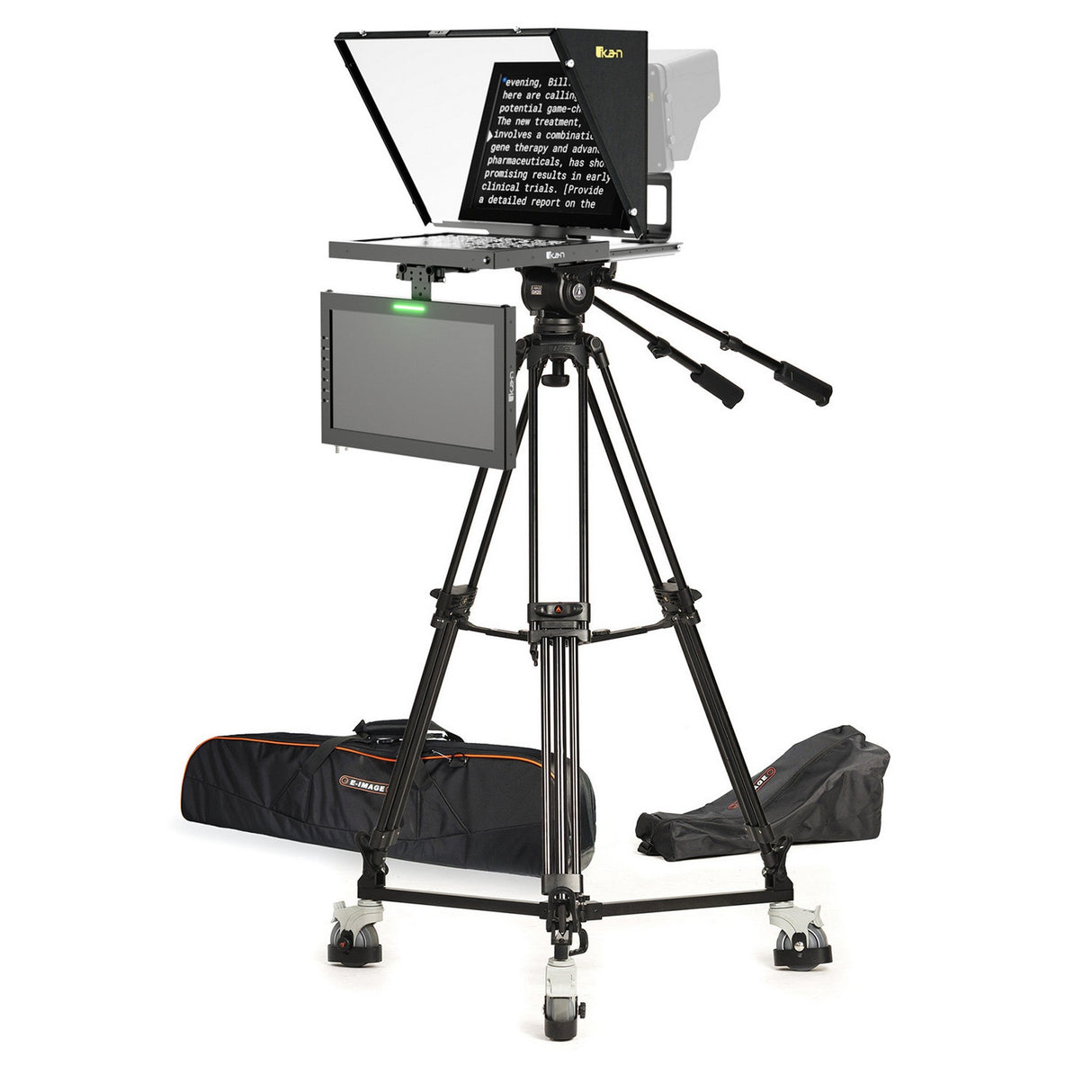 Ikan 15-Inch Teleprompter Tripod and Dolly Turnkey Solution - 15″ Teleprompter w/ SDI Talent Monitor, Tripod & Dolly