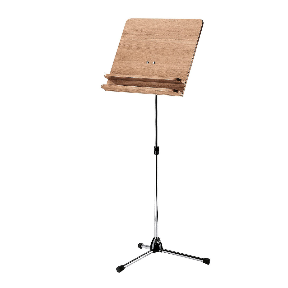 K&M 118/3 Orchestral Music Stand-Chrome Base/Double Lip Walnut Desk - Walnut
