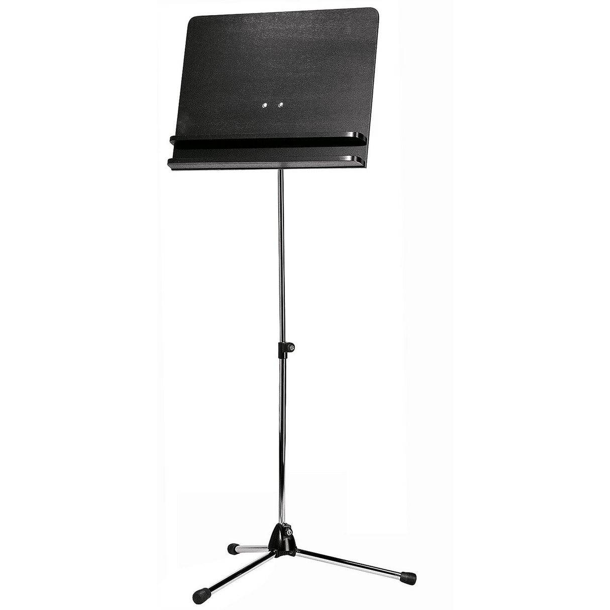 K&M 118/3 Orchestral Music Stand-Chrome Base/Double Lip Walnut Desk - Black