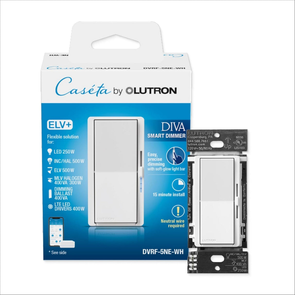 Lutron DVRF-5NE-WH Caseta Diva Smart Dimmer Switch for ELV+ Lighting, White