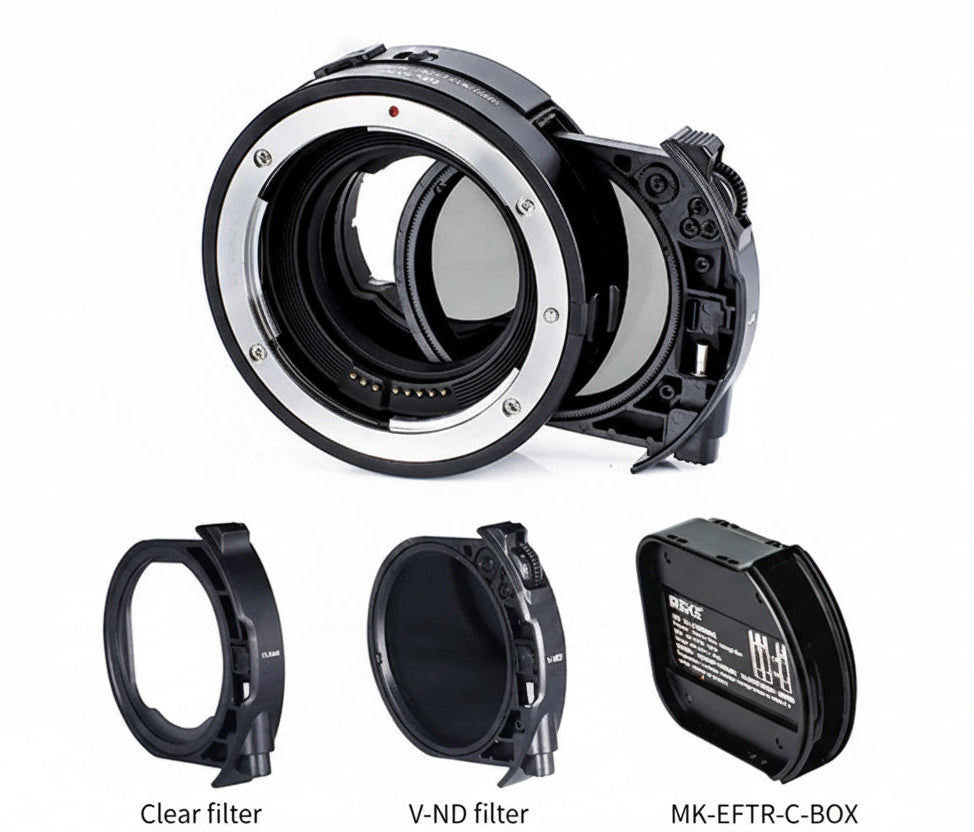 Meike Cinema EFTE-C autofocus lens adapter converts Nikon Z-mount lenses to Sony E-mount cameras, featuring a drop-in variable ND filter and clear filter for cinema use