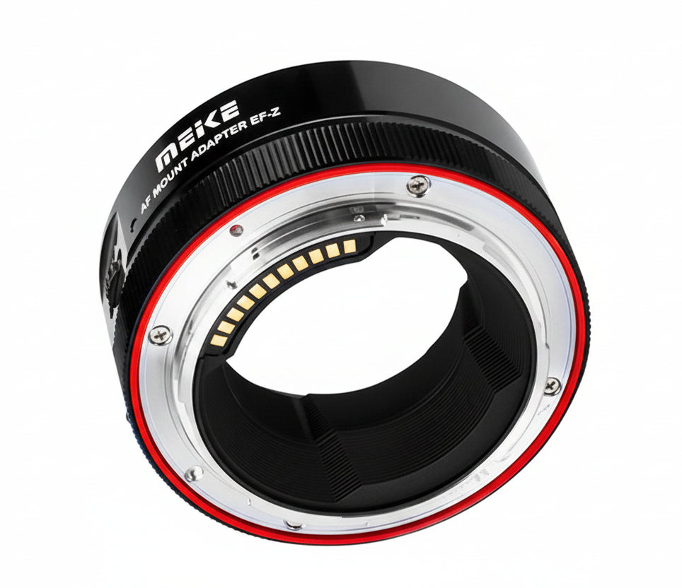 Meike Cinema EFTZ-B autofocus lens adapter enables Canon EF/EF-S mount lenses on Nikon Z-mount cameras, supporting full electronic communication for autofocus, aperture control, EXIF data transmission, and image stabilization
