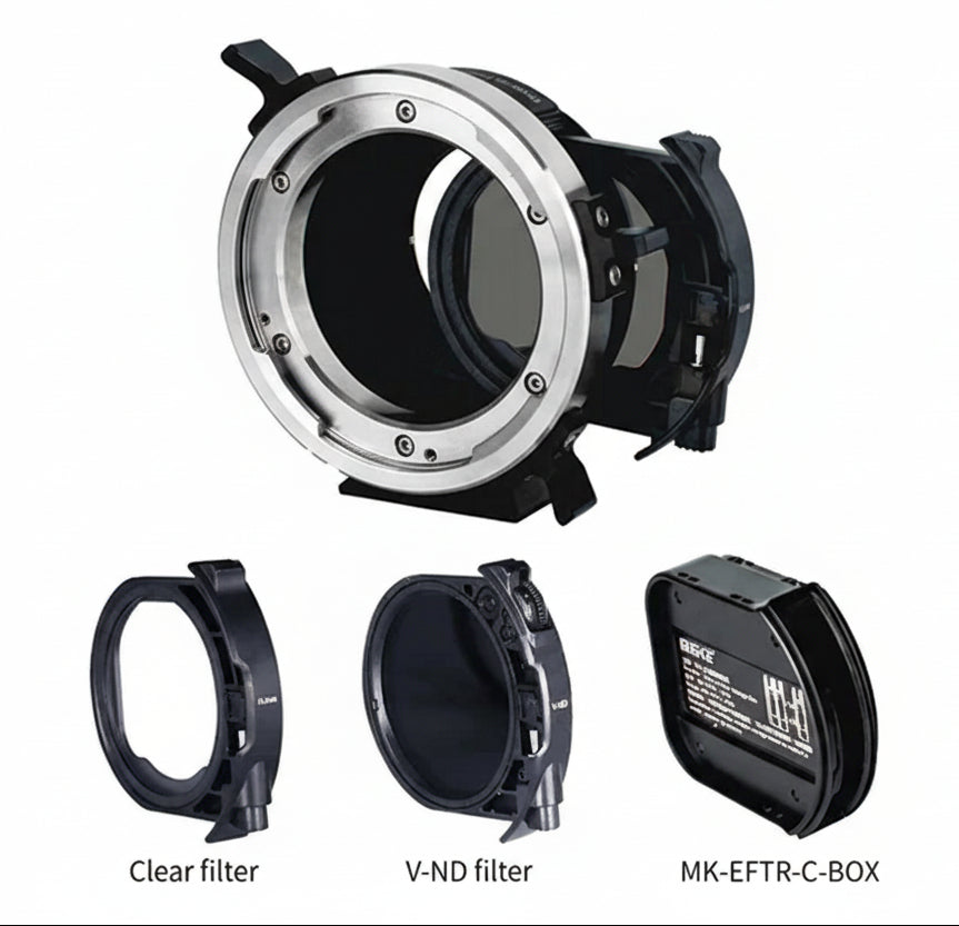 Meike Cinema PLTE-C adapter for Sony E-mount cameras to ARRI PL-mount cine lenses, featuring drop-in variable ND filter (ND3-ND500, 1.5-9 stops) and clear UV filter, manual focus, stainless steel construction, infinity focus support