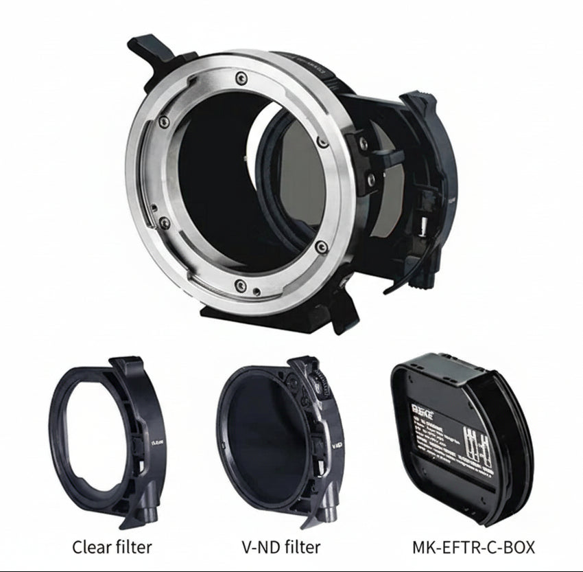 Meike Cinema PLTRF-C drop-in filter mount adapter for Canon RF-mount cameras to ARRI PL-mount cine lenses, featuring variable ND filter (ND3-ND500, 1.5-9 stops) and clear UV filter, manual focus only, stainless steel build (227g, 106x84x32.7mm), infinity focus support