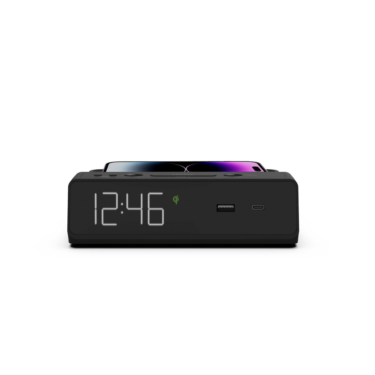 Nonstop Station W Hotel Alarm Clock with Qi Wireless Charging and USB-C/USB-A - Black