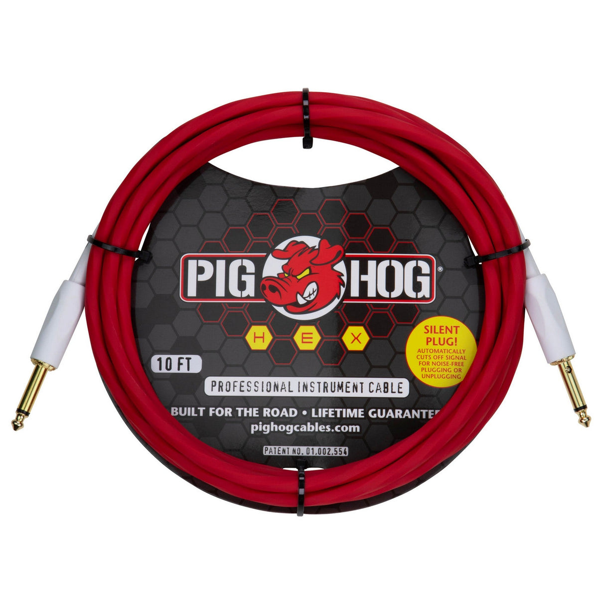 Pig Hog Hex Series 1/4-Inch Silent Instrument Cable - 10 feet / Candy Apple Red