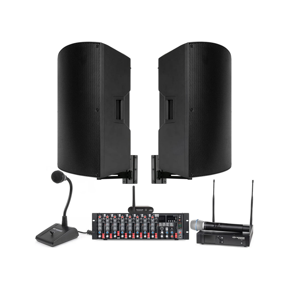 Pure Resonance Audio School Sound System with Dual A115 15-Inch Bluetooth Loudspeakers, MX9 9-Channel Mixer, WMS1-HH Wireless Microphone, and PTT1 Gooseneck Microphone