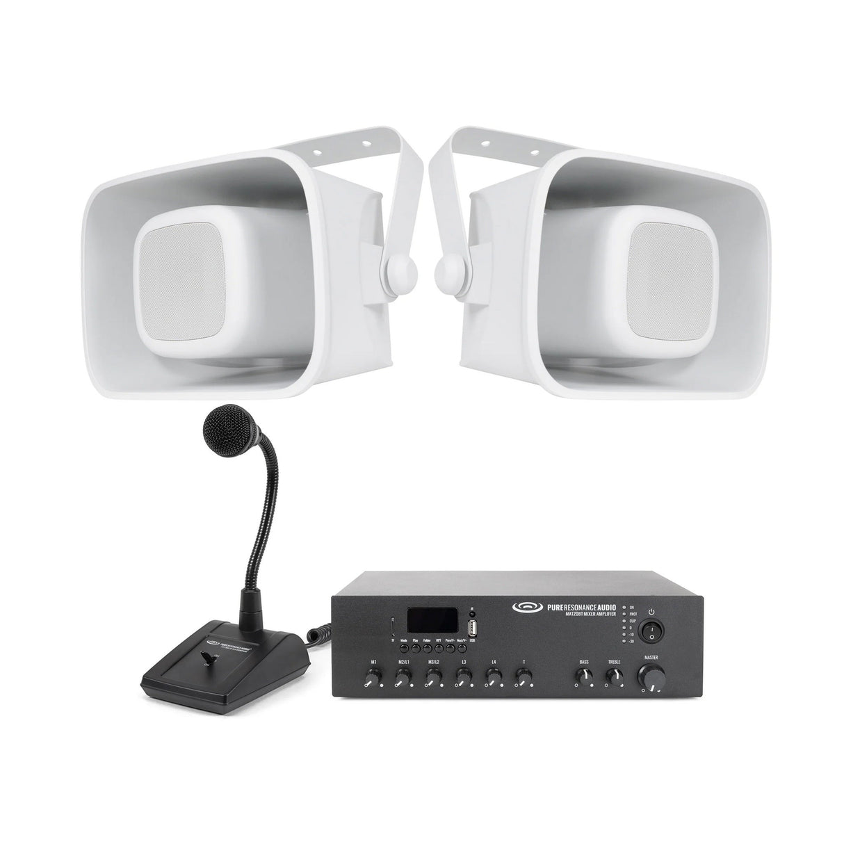 Pure Resonance Audio Outdoor Horn Speaker System with 2 H6 All-Weather Loudspeakers, MA120BT 120W Bluetooth Mixer Amplifier, and PTT1 Gooseneck Paging Microphone