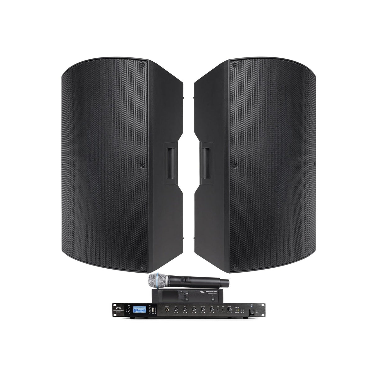 Pure Resonance Audio Gymnasium PA System with (2) P115 15-Inch Passive PA Speakers, RMA500BT 500W Rack Mount Bluetooth Mixer Amplifier, and WMS1-HH Wireless Handheld Microphone
