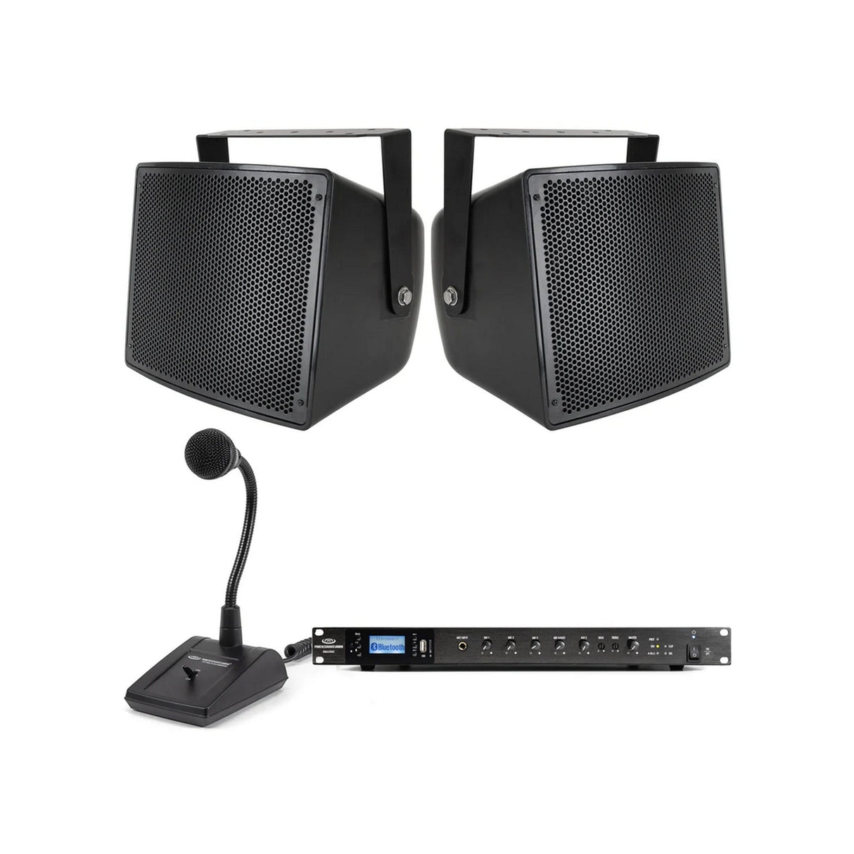 Pure Resonance Audio Outdoor Sound System with 2 S10 All-Weather Loudspeakers, RMA240BT 240W Bluetooth Mixer Amplifier, and PTT1 Paging Microphone