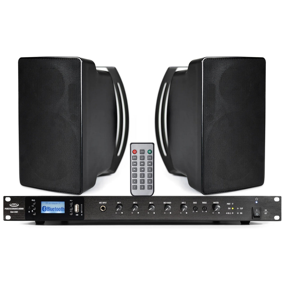 Pure Resonance Audio Outdoor Speaker System with 2 S5 Weather-Resistant Speakers and RMA120BT 120W Bluetooth Mixer Amplifier