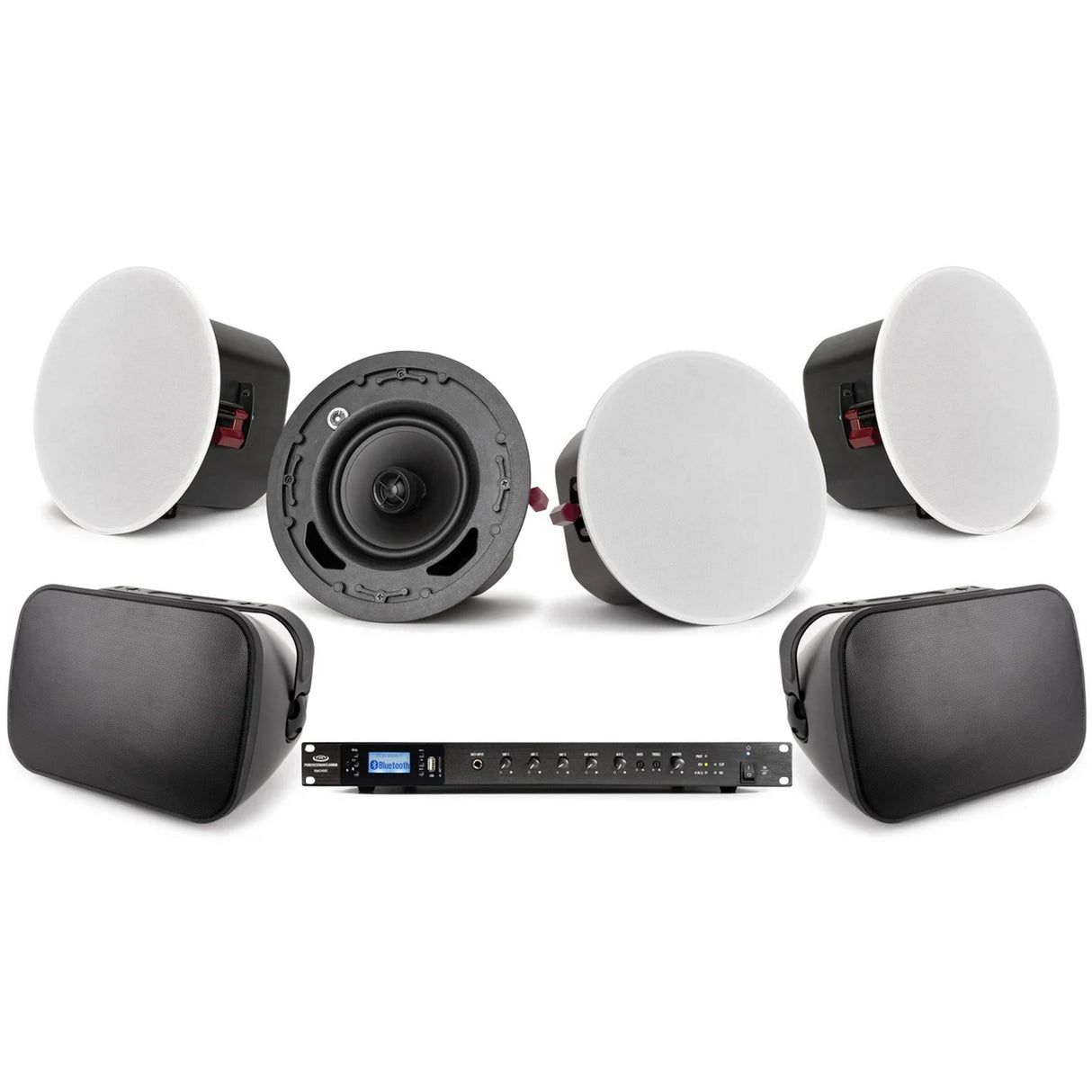 Pure Resonance Audio Commercial Indoor Outdoor Sound System with S6.1 Surface Mount and C6 Ceiling Speakers and RMA240BT 240W Bluetooth Mixer Amplifier