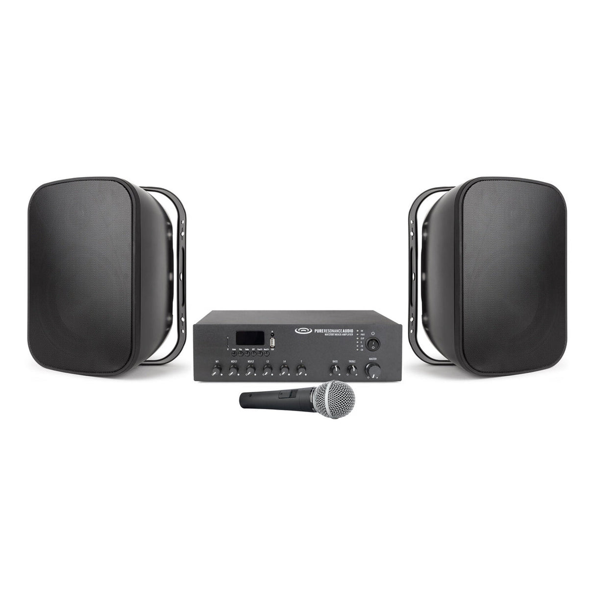 Pure Resonance Audio Conference PA System with 2 S6.1 Surface Mount Speakers, MA120BT 120W Bluetooth Mixer Amplifier, and UC1S Dynamic Vocal Microphone