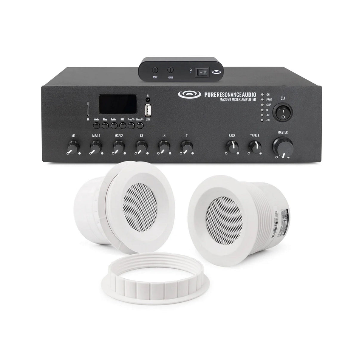 Pure Resonance Audio Background Music System with (4)C3 3-Inch Ceiling Speakers and MA30BT Bluetooth Mixer Amplifier