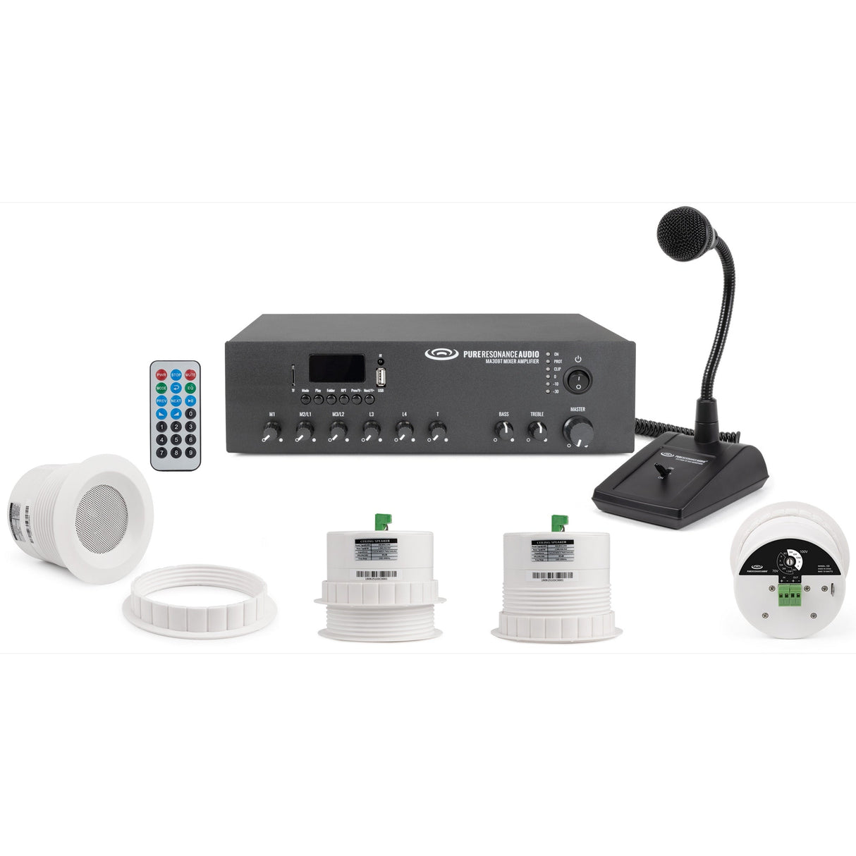 Pure Resonance Audio Paging Sound System with (4) C3 Ceiling Speakers, MA30BT Bluetooth Mixer Amplifier, and PTT1 Push-to-Talk Microphone