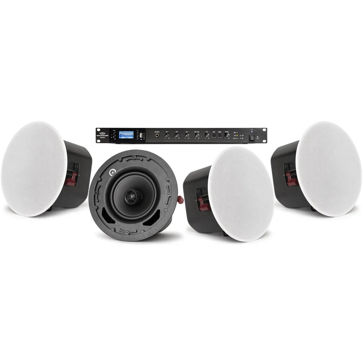 Pure Resonance Audio Small Office Sound System with 4 C6 Ceiling Speakers and RMA240BT 240W Bluetooth Mixer Amplifier