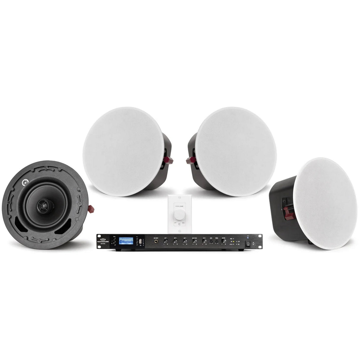 Pure Resonance Audio Conference Room Sound System with 4 C6 Ceiling Speakers, RMA240BT 240W Bluetooth Mixer Amplifier, and VC100W 100W Volume Control