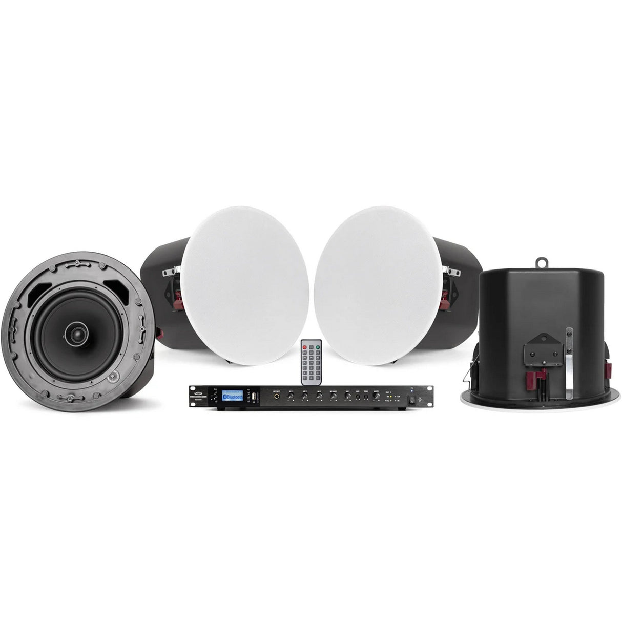 Pure Resonance Audio Background Music Sound System with (4)C8 Ceiling Speakers, (4)C8-TB Tile Bridges, and RMA500BT Bluetooth Mixer Amplifier