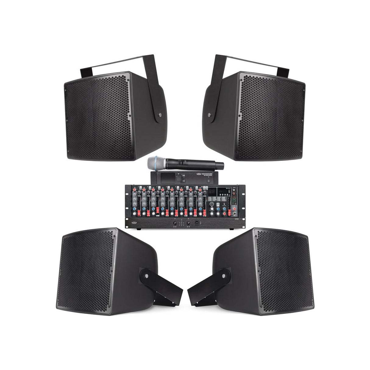 Pure Resonance Audio Gymnasium Speaker System with (4) S12 12-Inch All-Weather Speakers, MX9 Mixer, LA21000 Power Amplifier, and WMS1-HH Wireless Handheld Microphone