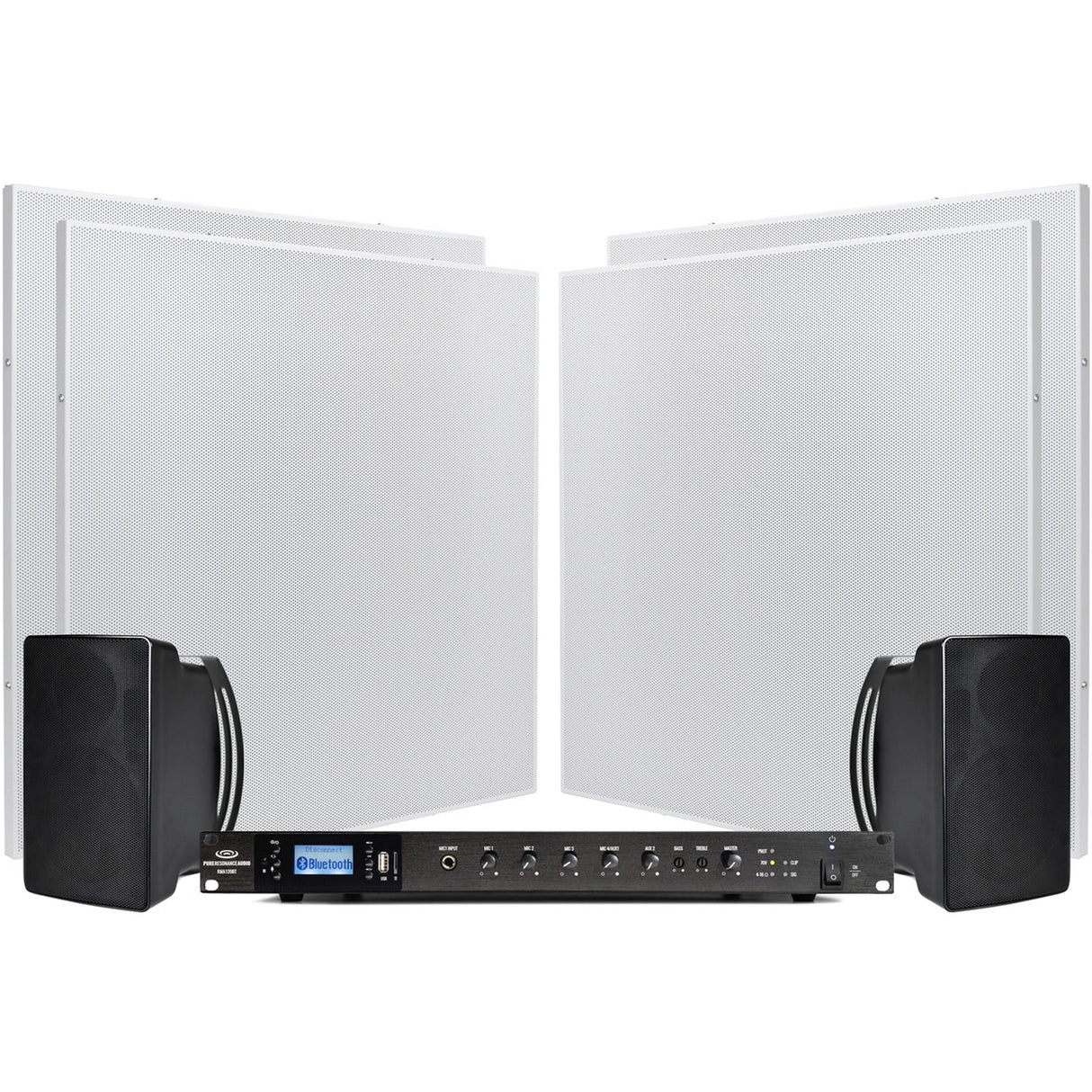 Pure Resonance Audio Conference Room Speaker System with 4 SP8 Ceiling Tile Speakers, 2 S5 Surface Mount Speakers, and RMA240BT 240W Bluetooth Mixer Amplifier
