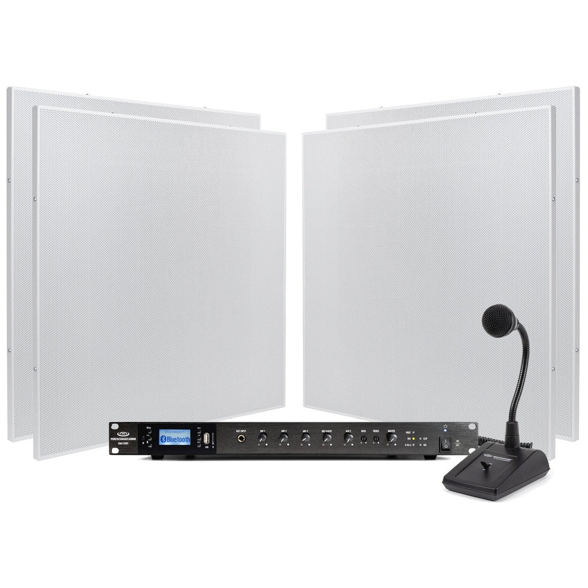 Pure Resonance Audio Paging Sound System with (6) SP8 Drop Tile Ceiling Speakers, RMA120BT Rack Mount Bluetooth Mixer Amplifier, and PTT1 Push-to-Talk Microphone