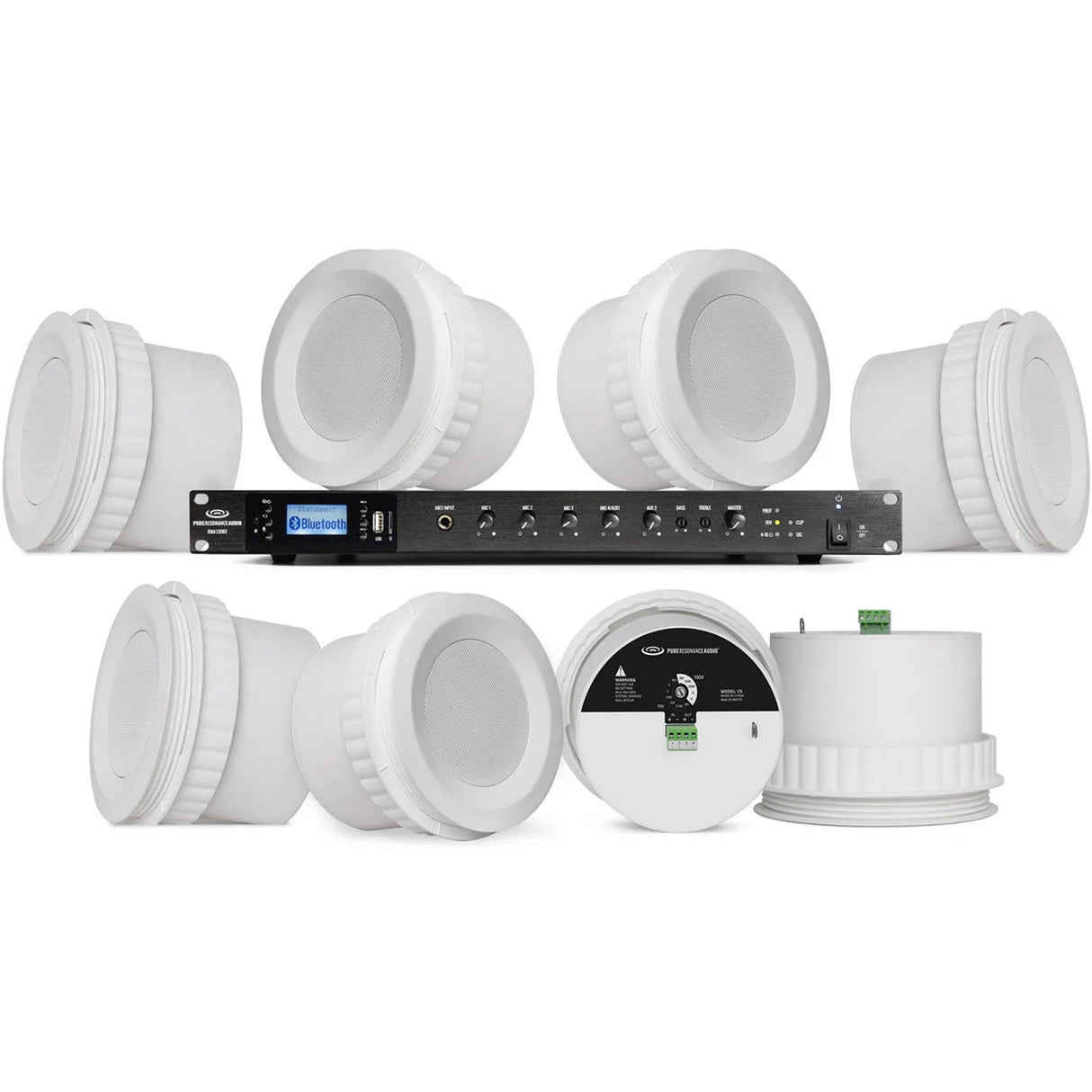 Pure Resonance Audio Office Ceiling Sound System with 8 C5 Ceiling Speakers and RMA120BT 120W Bluetooth Mixer Amplifier