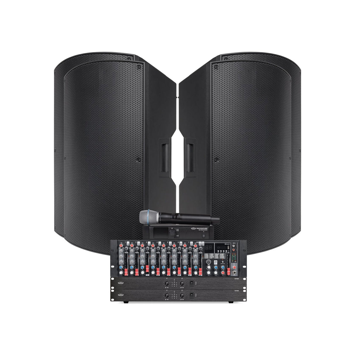 Pure Resonance Audio School Gym Sound System with (8) P115 15-Inch Passive PA Speakers, MX9 Mixer, (2) LA21000 Power Amplifiers, and WMS1-HH Wireless Handheld Microphone