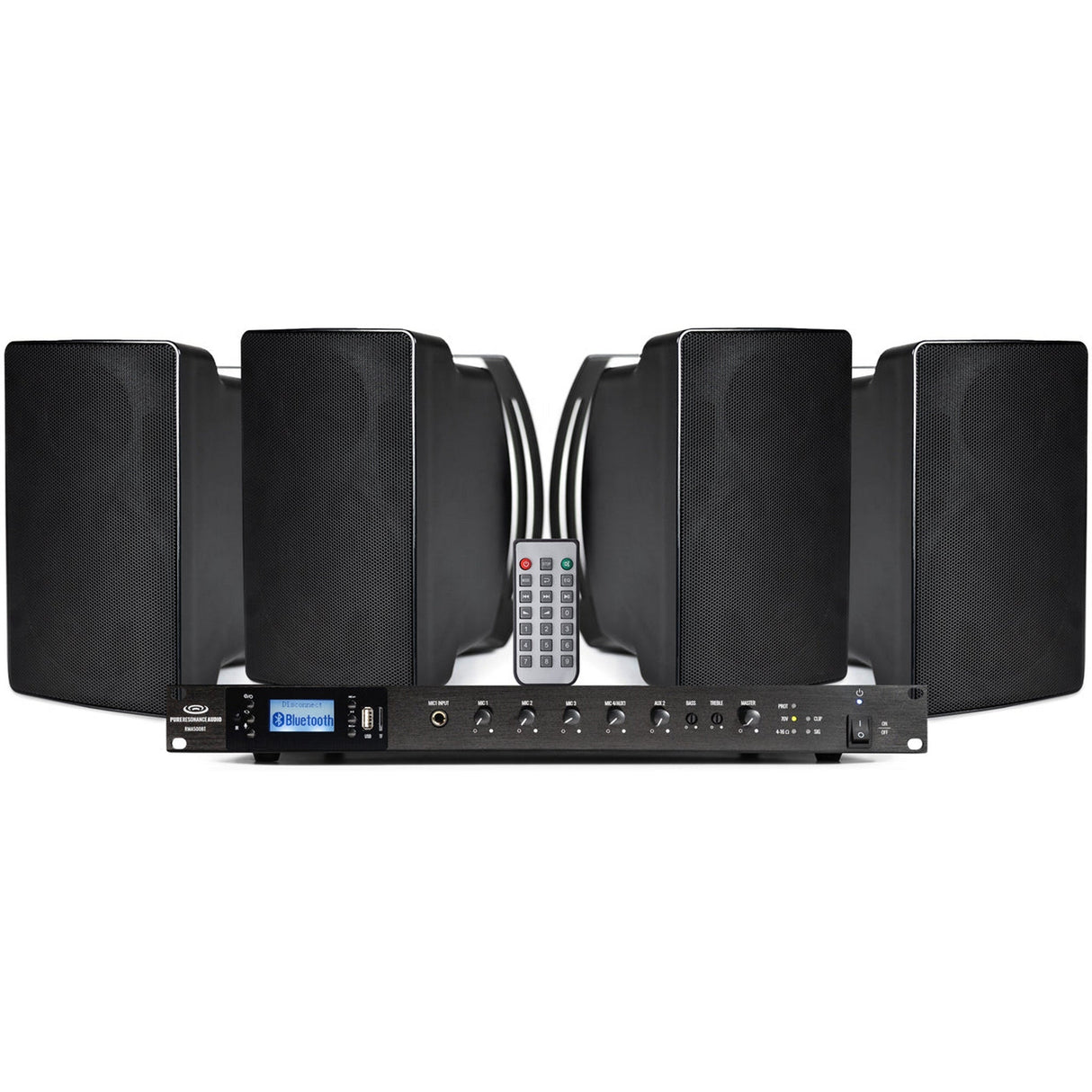 Pure Resonance Audio 70V Outdoor PA System with 8 S5 Weather-Resistant Speakers and RMA500BT 500W Bluetooth Mixer Amplifier