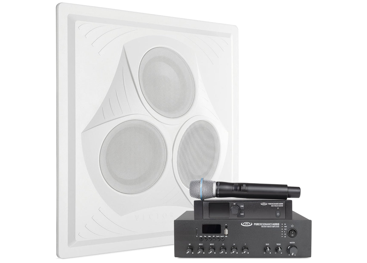 Pure Resonance Audio School Speaker System with VCA8 Vector Ceiling Tile Speaker, MA30BT Bluetooth Mixer Amplifier, and WMS1-HH Wireless Handheld Microphone