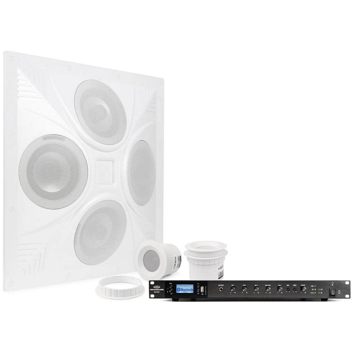 Pure Resonance Audio Conference Room Sound System with SD4 Ceiling Speaker Array, 10 C3 Micro Ceiling Speakers, and RMA350BT 350W Bluetooth Mixer Amplifier
