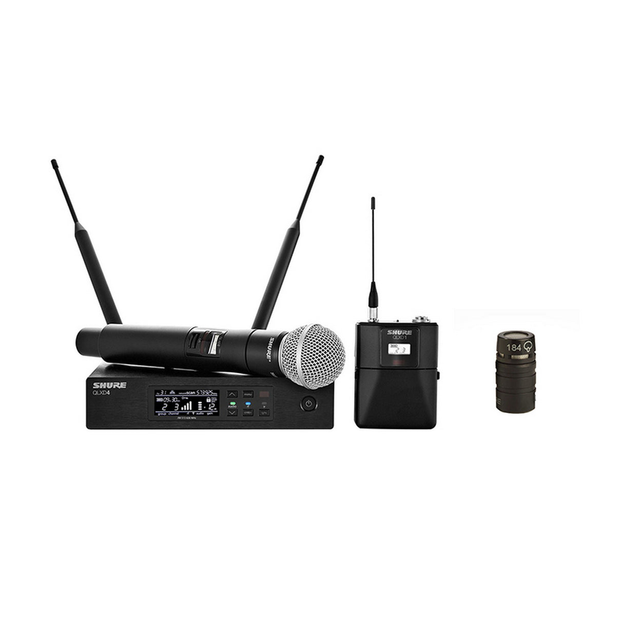 Shure QLXD124/84-J50A Wireless Bodypack and Handheld Vocal Combo System with WL184, J50A 572-608/614-616MHz