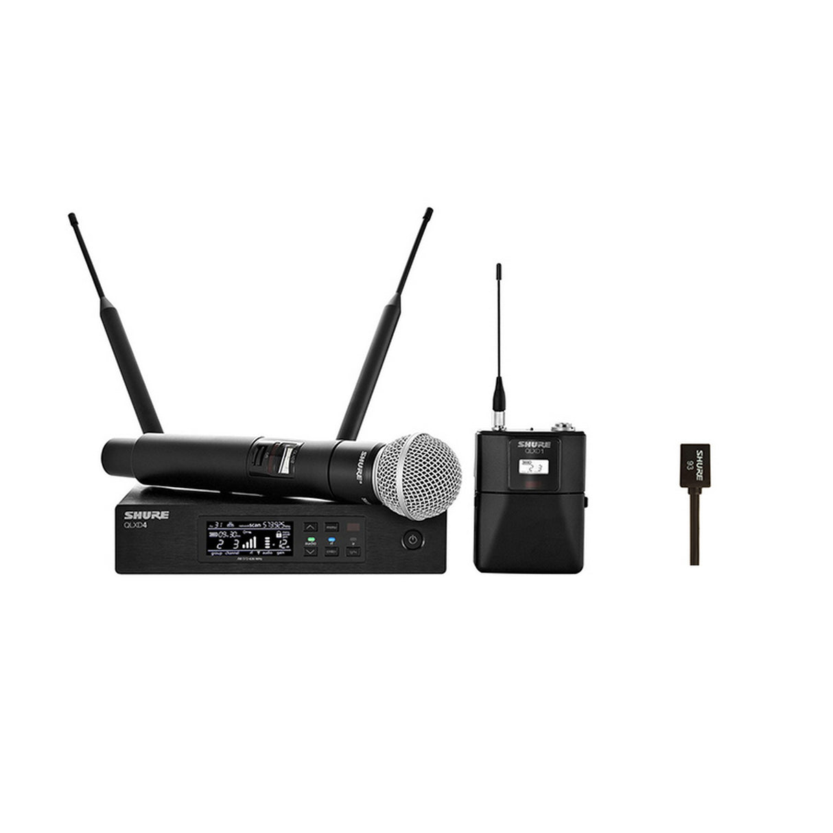 Shure QLXD124/93B Wireless Bodypack and Handheld Vocal Combo System with WL93-6, H50 534-598 MHz