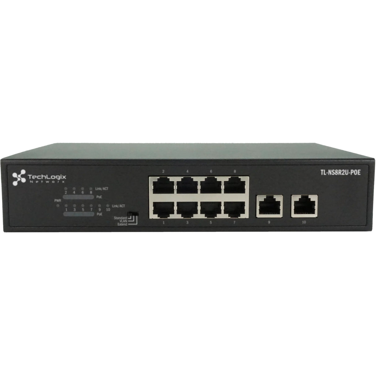 TechLogix Networx TL-NS8R2U-POE 1G Network Switch with 8 RJ45 and 2 RJ45 Uplink, 30W PoE+