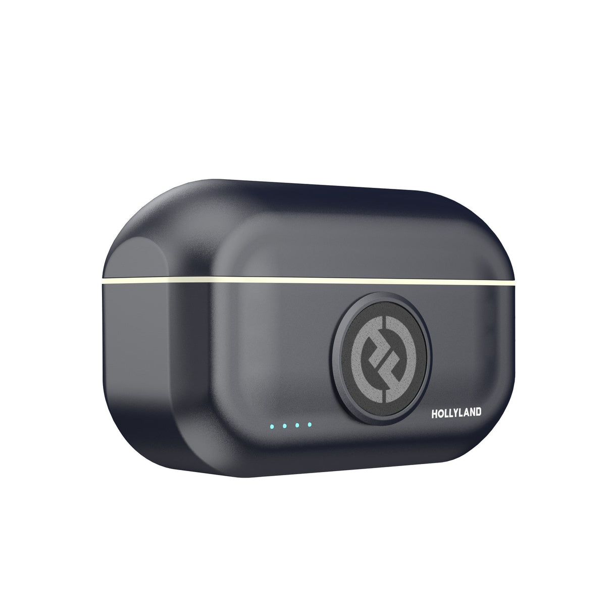 Hollyland Lark M2 shine charcoal charging case angled front view closed: black case with gold trim, illuminated blue LED dots, centered Hollyland logo, ergonomic shape for wireless lavalier microphone system