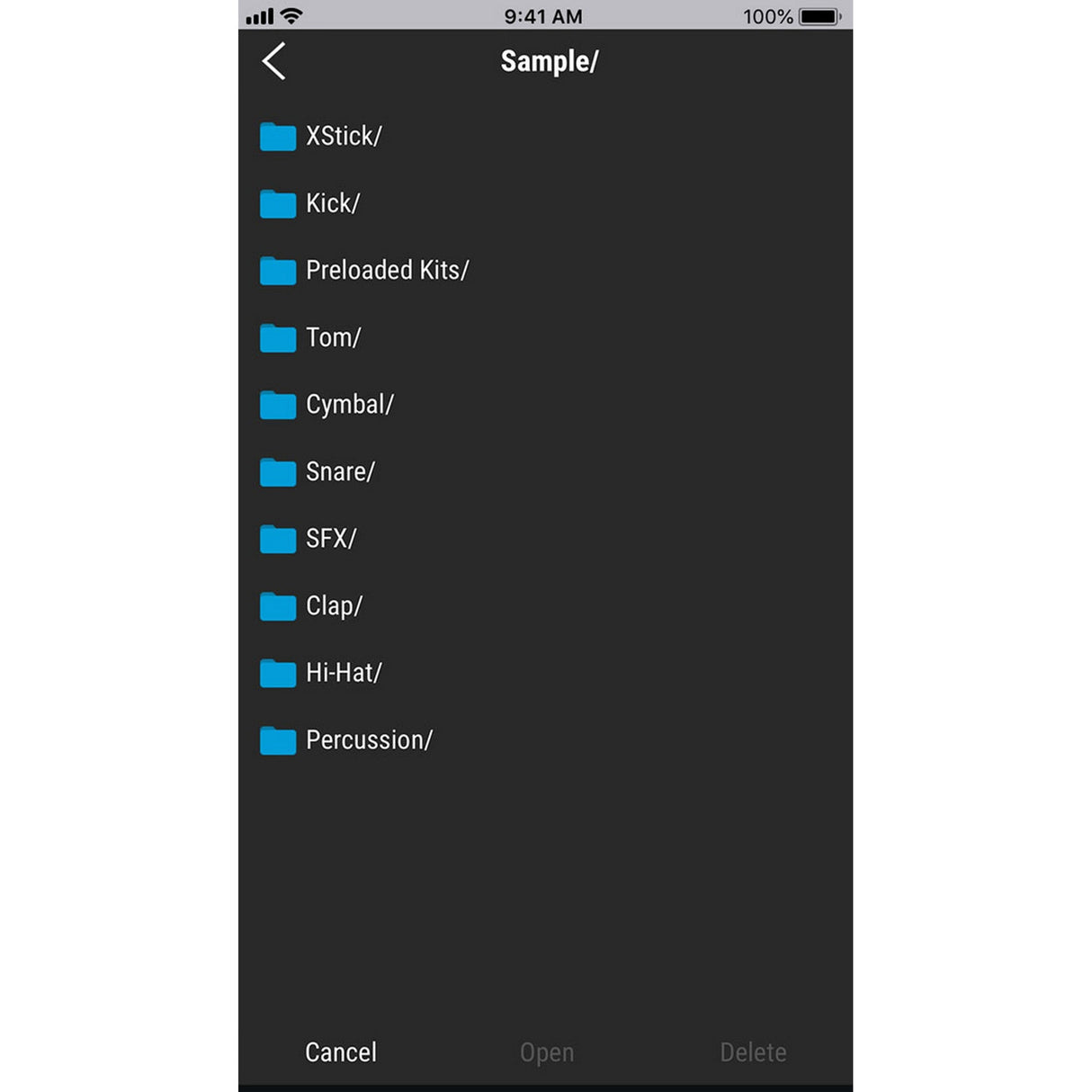 List of sample categories on a smartphone screen with a black background