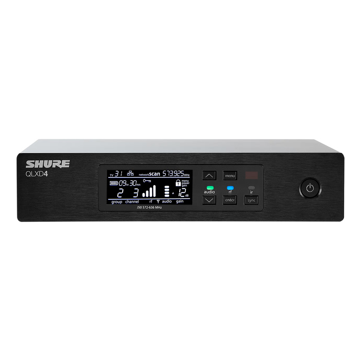Black half‑rack Shure QLXD4 single‑channel receiver with matte gray front panel, high‑contrast LCD, RF and audio LED meters, and two detachable 1/2‑wave antennas, shown mounted in a standard 19‑inch equipment rack