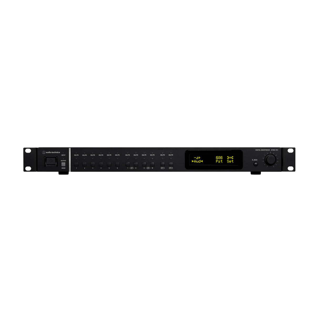 Black audio equipment rack unit with digital display on a white background