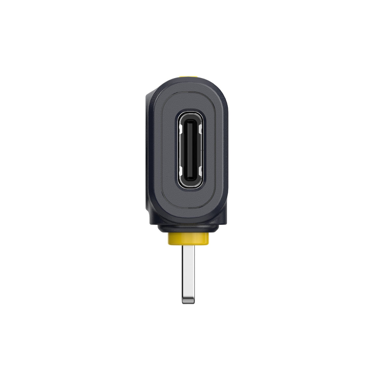 Hollyland Lark M2 shine charcoal Lightning receiver dongle side view: black USB-C to Lightning adapter with USB-C port and yellow Lightning plug extended, compact design for dual-channel wireless lavalier audio on iOS devices