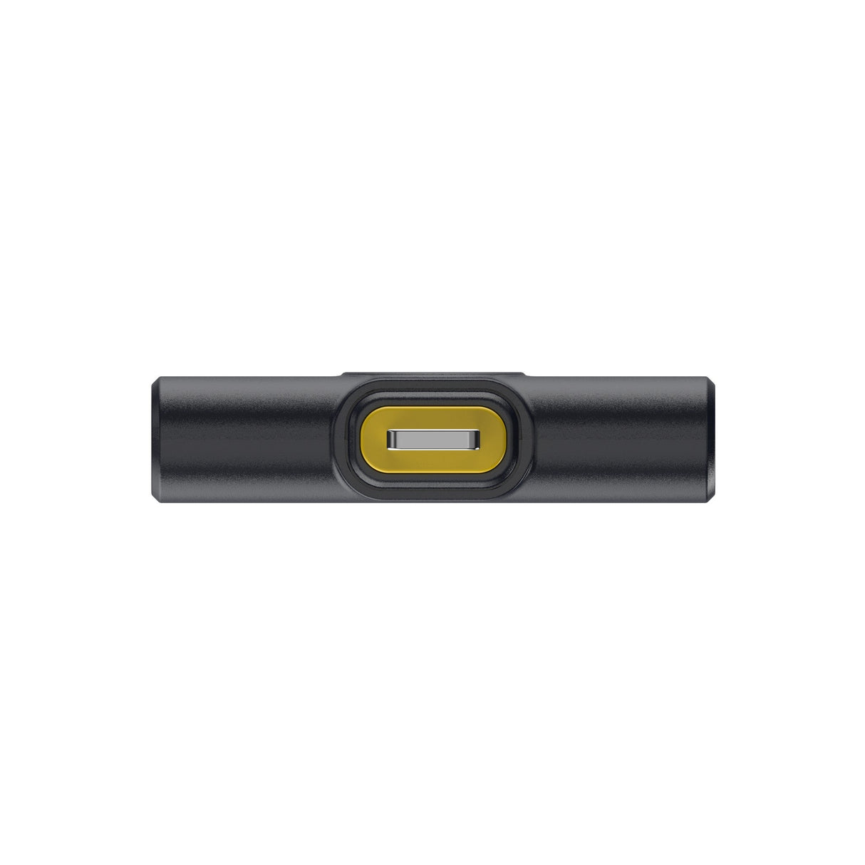 Hollyland Lark M2 shine charcoal Lightning receiver top view: black rectangular dongle with yellow Lightning plug recessed in frame, slim profile USB-C to Lightning adapter for wireless lavalier microphone system