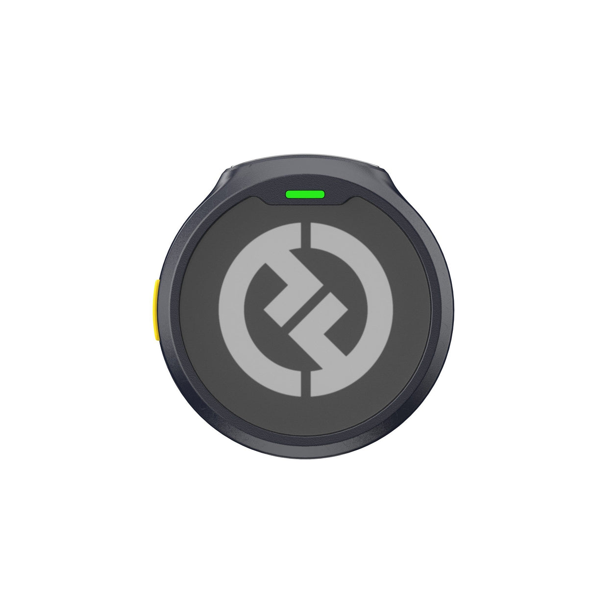 Hollyland Lark M2 shine charcoal TX wireless lavalier transmitter top view: round black clip-on mic with yellow power button, two green status LEDs, centered Hollyland logo, compact design for dual-channel 2.4GHz wireless audio system