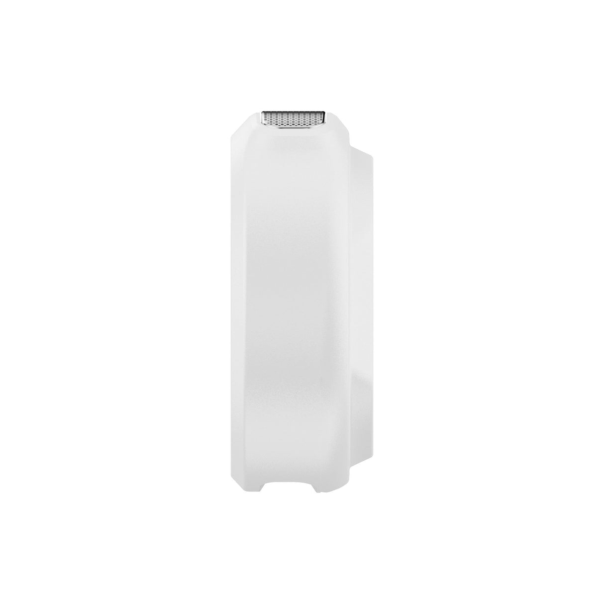 Hollyland Lark M2 shine white charging case side view: slim rectangular white case with angled silver mesh speaker grille on lid edge, ergonomic shape for portability, houses dual TX units and Lightning RX for professional wireless audio