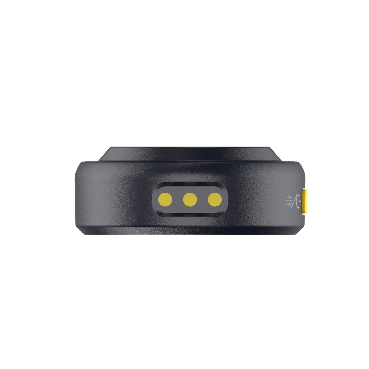 Hollyland Lark M2 shine charcoal TX wireless lavalier transmitter bottom view: black round housing with three yellow charging contacts for magnetic cradle, slim profile highlighting USB-C compatibility and compact battery design