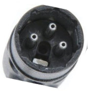 Black 3-pin XLR female connector with three round contacts and white keyway indicator, close-up view