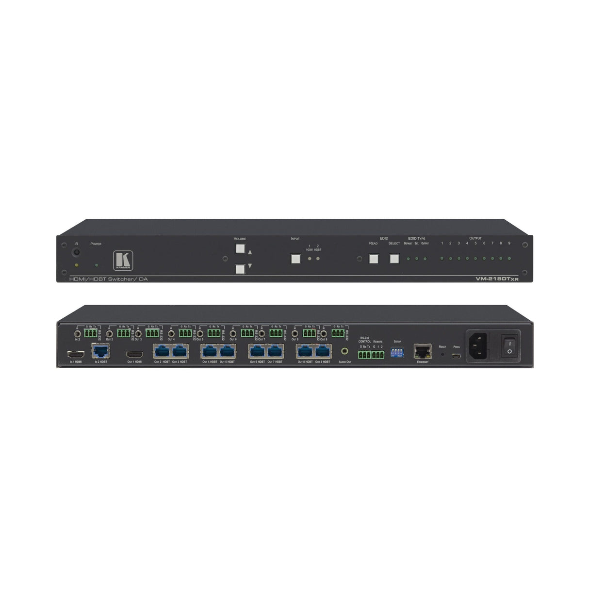 Kramer VM-218DTXR 2x1:8 4K60 4:2:0 HDMI and Extended-Reach HDBaseT with Ethernet RS-232 IR and Stereo Audio Switchable